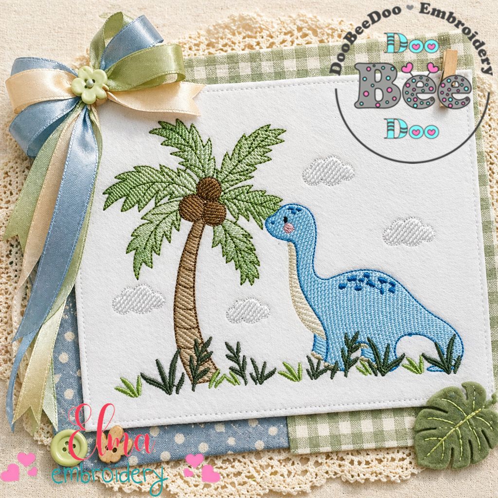 Cute Dinosaur with Palm Tree - Sketch Stitch – Machine Embroidery Design