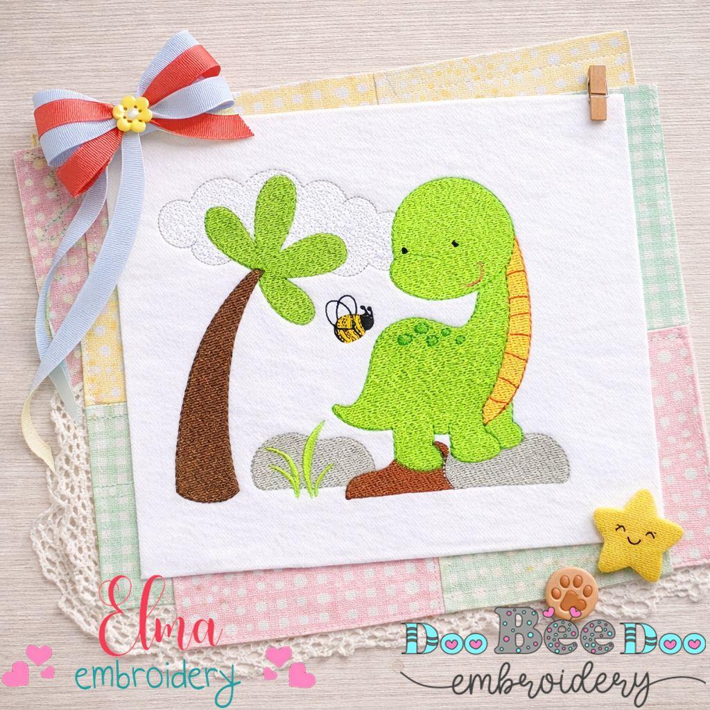 Sweet Baby Dinosaur Scene - Fill Stitch - Machine Embroidery Design