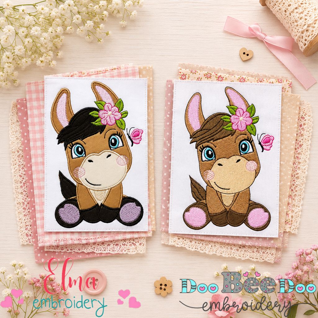 Sweet Donkey with Flowers Collection – Fill Stitch & Appliqué – Machine Embroidery Design