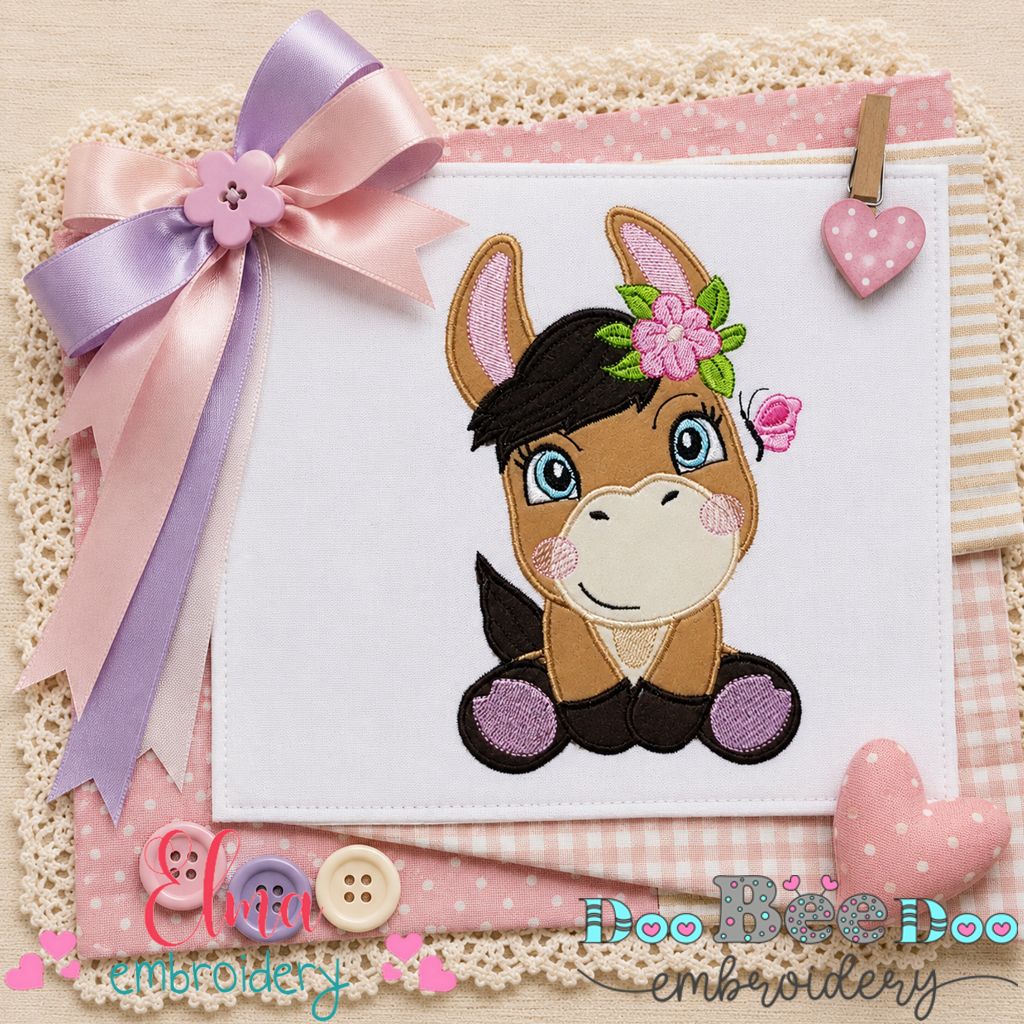 Sweet Donkey with Flowers - Applique - Machine Embroidery Design