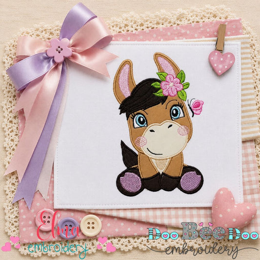 Sweet Donkey with Flowers - Applique - Machine Embroidery Design