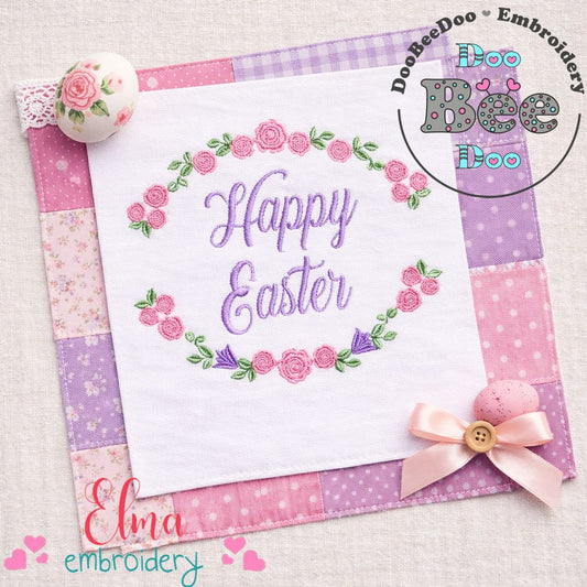 Happy Easter Floral Wreath – Satin Stitch – Machine Embroidery Design