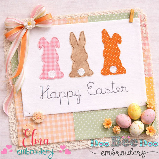 Happy Easter Three Bunnies - Raggy Appliqué - Machine Embroidery Design
