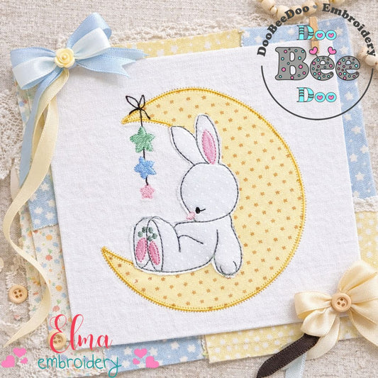 Bunny on the Moon – Raggy Appliqué – Machine Embroidery Design