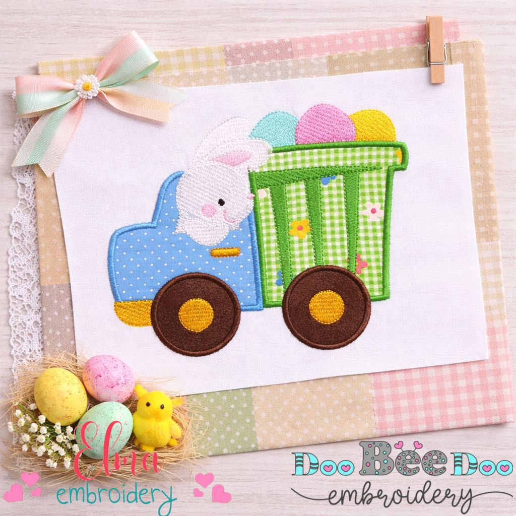 Bunny Driving Easter Eggs Truck - Appliqué - Machine Embroidery Design