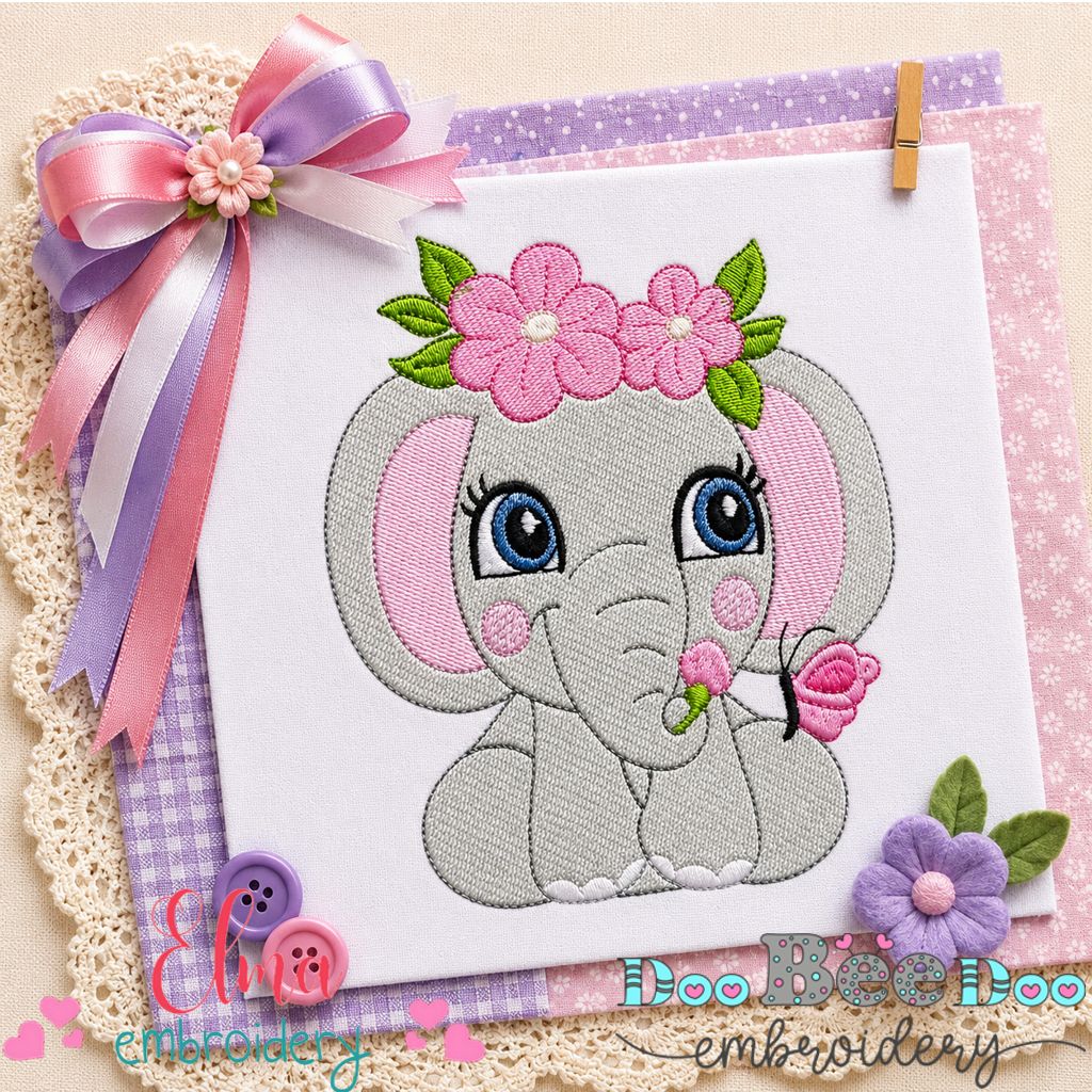 Sweet Floral Baby Elephant - Fill Stitch – Machine Embroidery Design