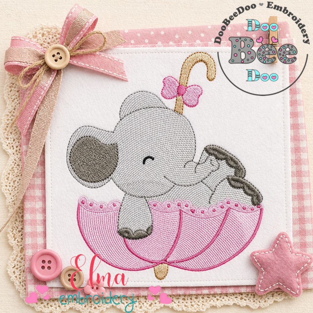 Sweet Elephant Umbrella Girl – Rippled Stitch - Machine Embroidery Design