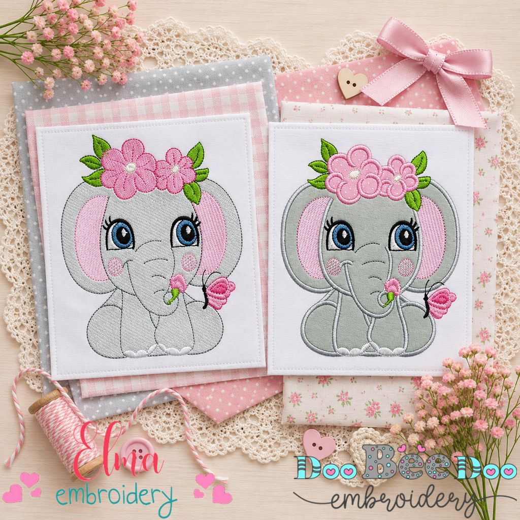 Cute Elephant With Flowers – Appliqué & Fill Stitch – Machine Embroidery Design