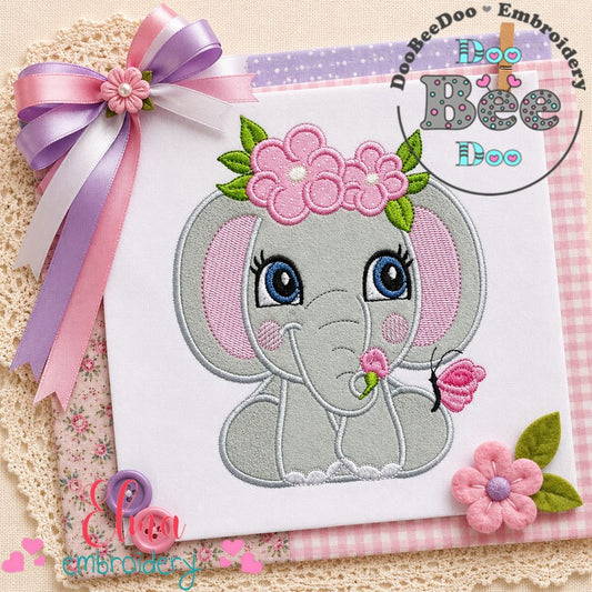 Sweet Floral Baby Elephant - Applique – Machine Embroidery Design