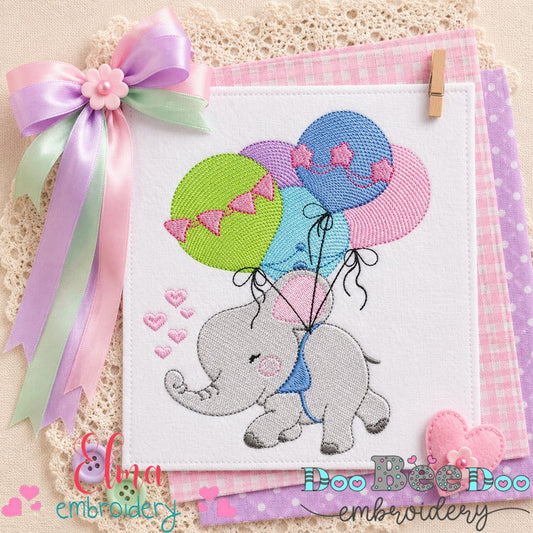 Sweet Elephant With Balloons - Fill Stitch - Machine Embroidery Design