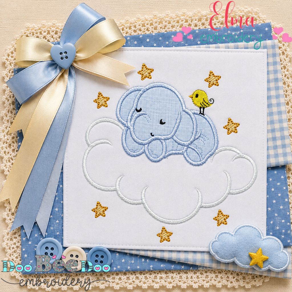 Dreamy Baby Elephant - Appliqué - Machine Embroidery Design