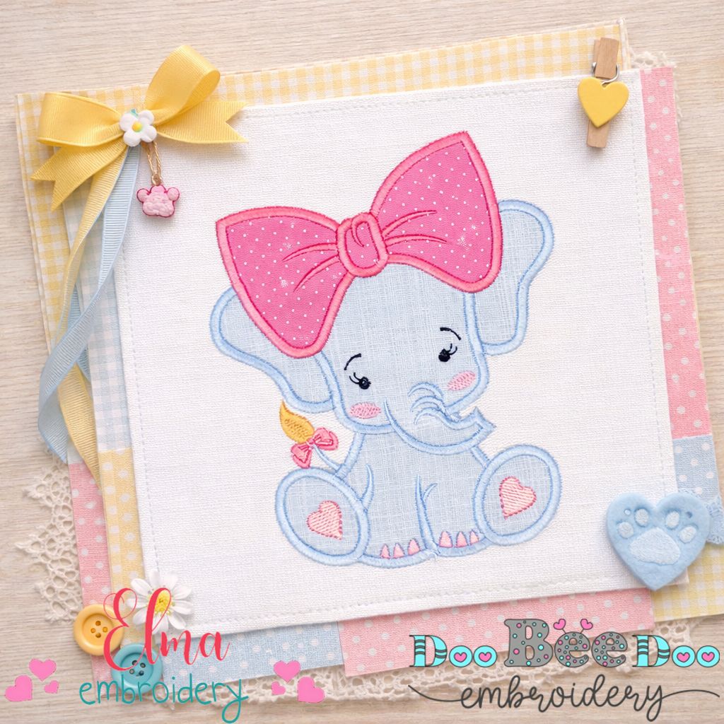 Cute Elephant With Bow – Appliqué – Machine Embroidery Design