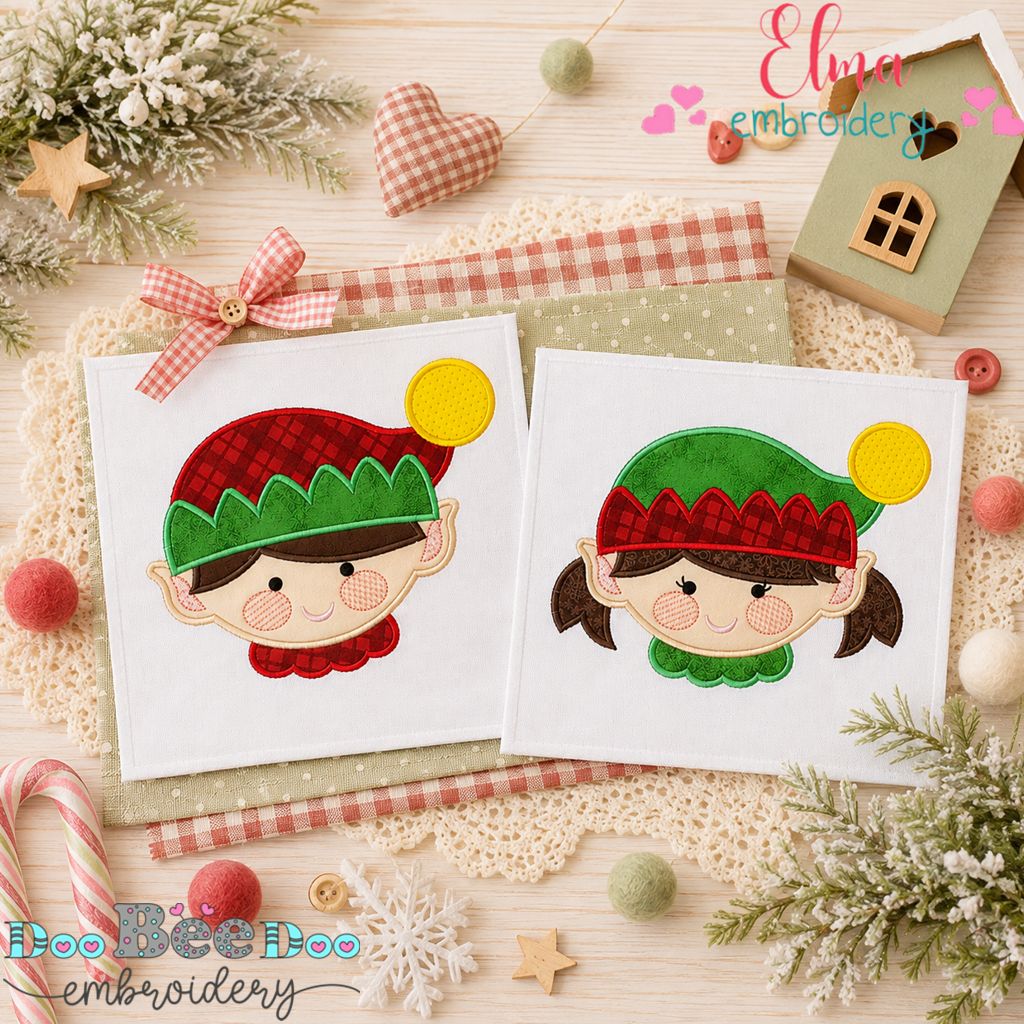Cute Christmas Elf Faces Bundle - Appliqué - Machine Embroidery Design
