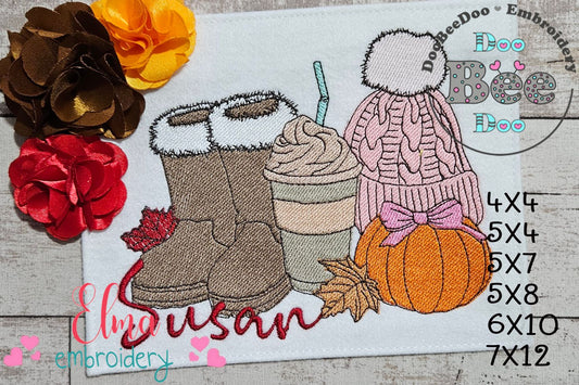 Cozy Autumn Boots Coffee Pumpkin Hat – Fill Stitch – Machine Embroidery Design