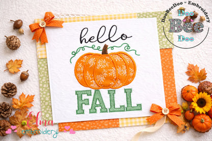 Hello Fall Pumpkin – Appliqué – Machine Embroidery Design