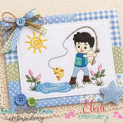 Cute Little Fishing Boy Scene – Fill Stitch – Machine Embroidery Design