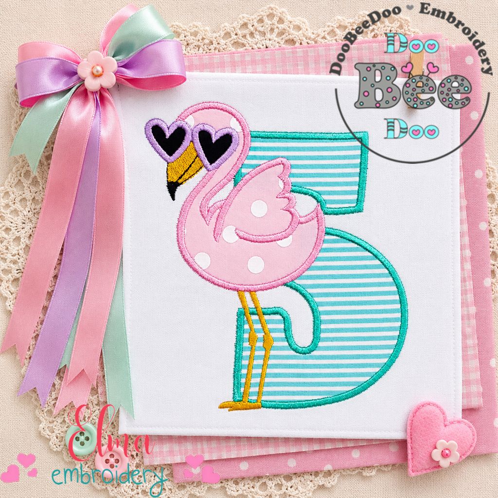 Sunny Flamingo Number Five - Applique - Machine Embroidery Design
