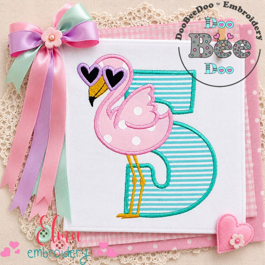 Sunny Flamingo Number Five - Applique - Machine Embroidery Design