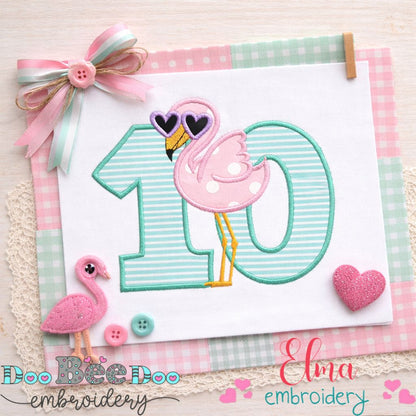 Flamingo Number 10 with Sunglasses – Appliqué – Machine Embroidery Design