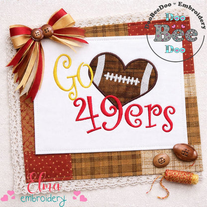 Go 49ers Football Heart – Appliqué – Machine Embroidery Design