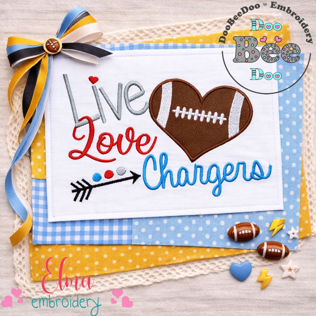 Live Love Chargers Football – Appliqué – Machine Embroidery Design