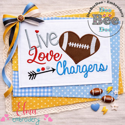 Live Love Chargers Football – Appliqué – Machine Embroidery Design