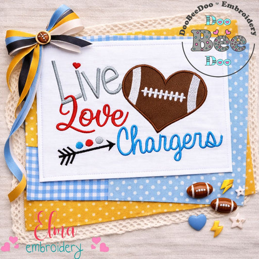 Live Love Chargers Football – Appliqué – Machine Embroidery Design