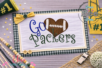 Go Packers Football Heart – Appliqué – Machine Embroidery Design