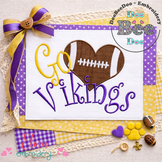 Go Vikings Football Heart – Appliqué – Machine Embroidery Design