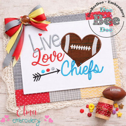 Live Love Chiefs Football Heart – Appliqué – Machine Embroidery Design
