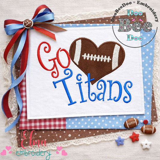 Go Titans Football Heart – Appliqué – Machine Embroidery Design
