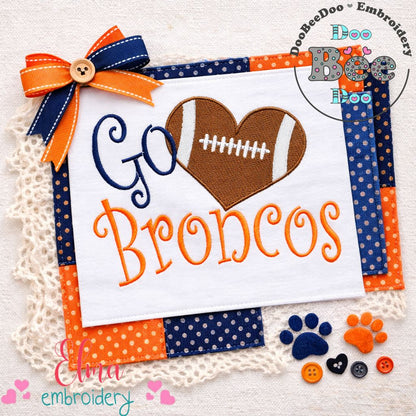 Go Broncos Football Heart – Fill Stitch – Machine Embroidery Design