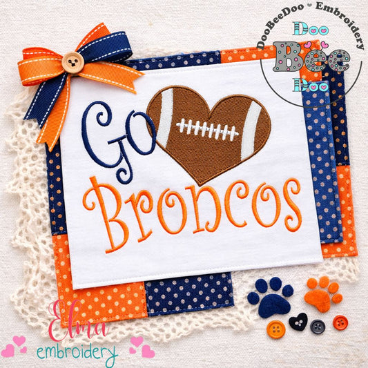 Go Broncos Football Heart – Fill Stitch – Machine Embroidery Design