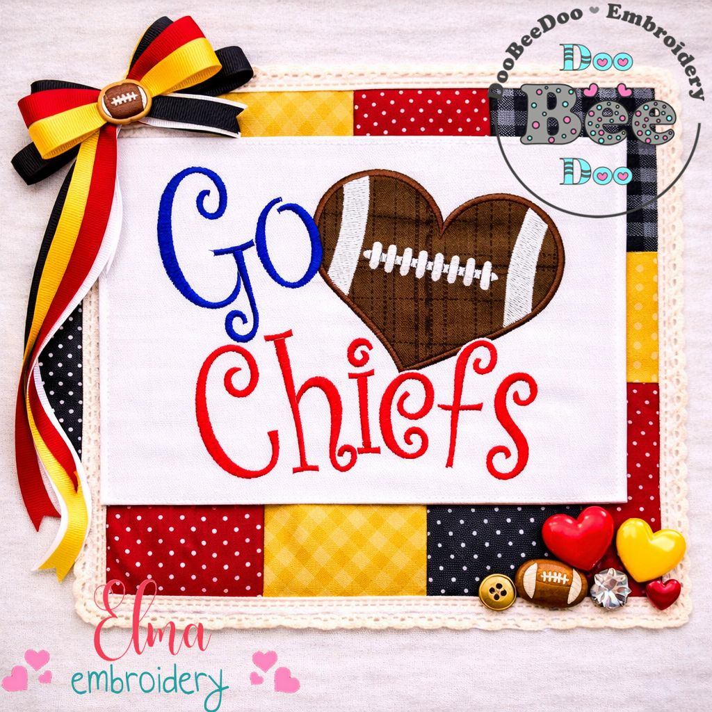 Go Chiefs Football Heart – Appliqué – Machine Embroidery Design