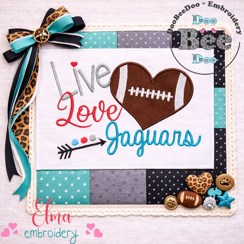 Live Love Jaguars Football Heart – Appliqué – Machine Embroidery Design