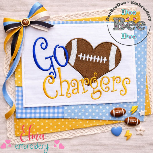 Go Chargers Football Heart – Fill Stitch – Machine Embroidery Design