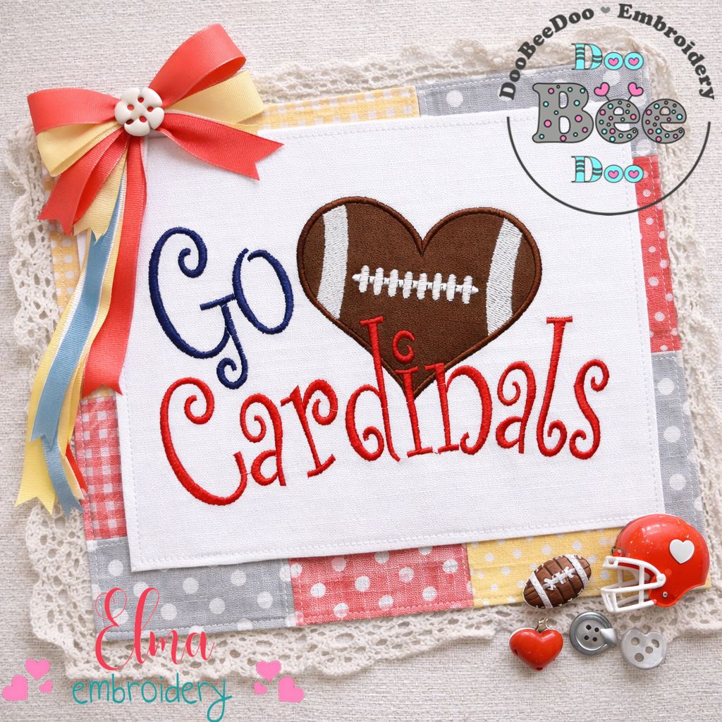 Go Cardinals Football Heart – Appliqué – Machine Embroidery Design