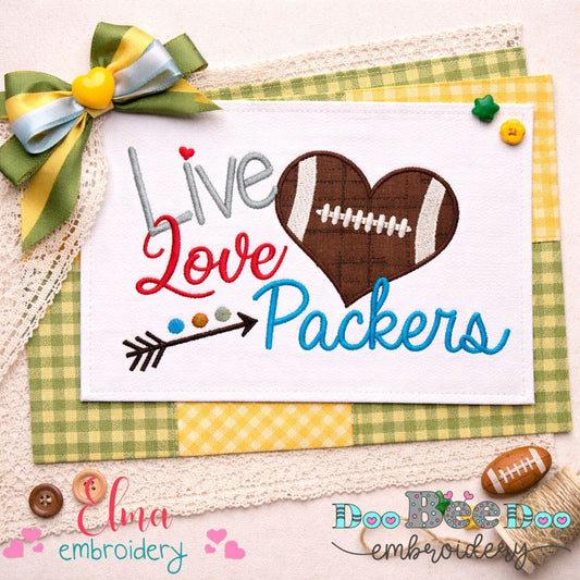 Live Love Packers Football Heart – Appliqué – Machine Embroidery Design