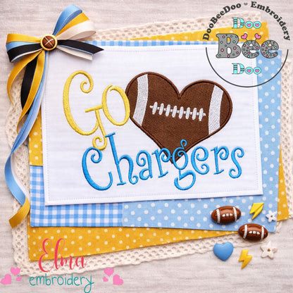Go Chargers Football Heart – Machine Embroidery Design