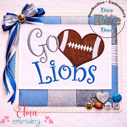 Go Lions Football Heart – Appliqué – Machine Embroidery Design