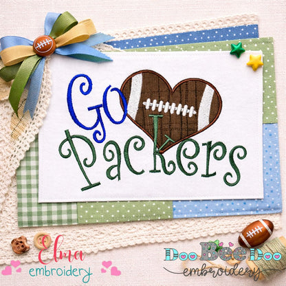 Go Packers Football Heart – Appliqué – Machine Embroidery Design