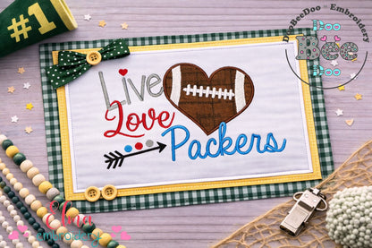 Live Love Packers Football Heart – Appliqué – Machine Embroidery Design
