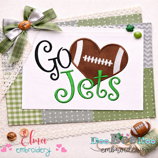 Go Jets Football Heart – Appliqué – Satin Stitch – Machine Embroidery Design