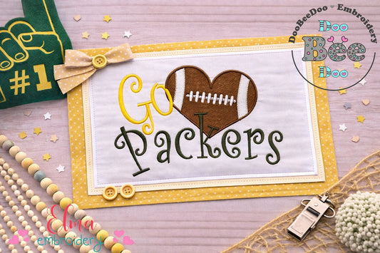 Go Packers Football Heart – Fill Stitch – Machine Embroidery Design