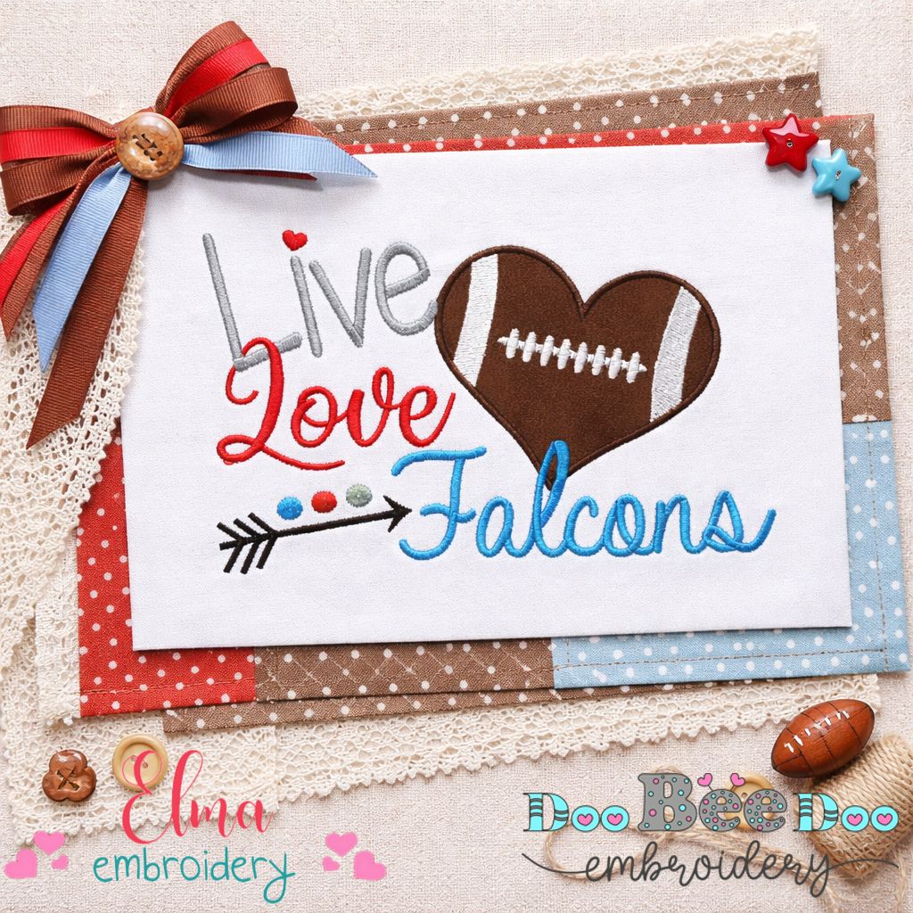 Live Love Falcons Football Heart – Appliqué – Machine Embroidery Design
