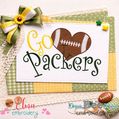 Go Packers Football Heart – Fill Stitch – Machine Embroidery Design