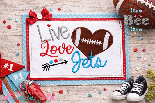 Go Jets Football Heart – Appliqué – Machine Embroidery Design