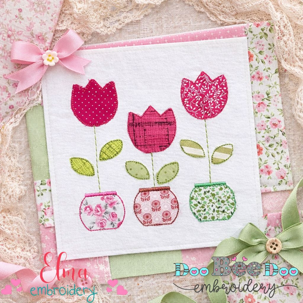Three Tulip Vases – Raggy Appliqué – Machine Embroidery Design