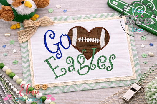 Go Eagles Football Heart – Appliqué – Machine Embroidery Design