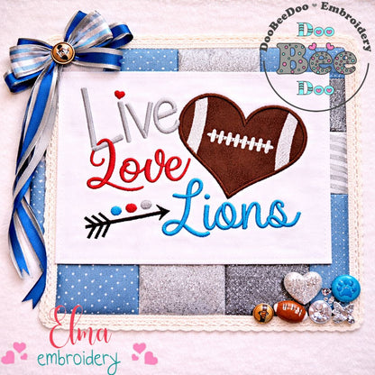 Live Love Lions Football Heart – Appliqué – Machine Embroidery Design